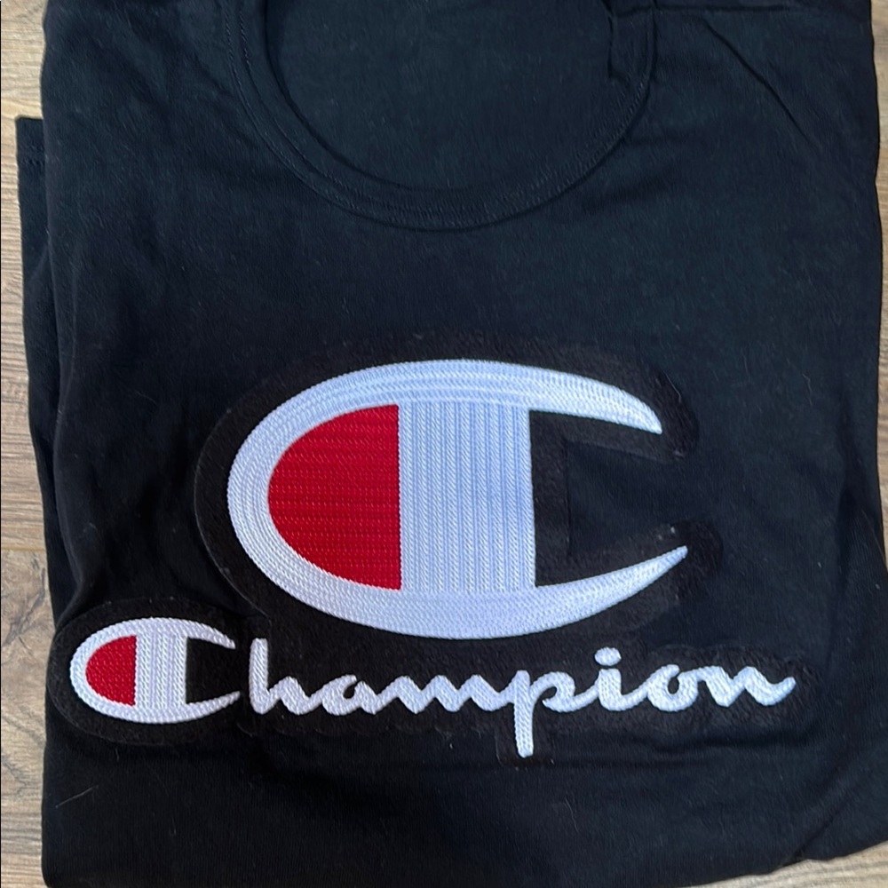 Champion Black Tee with Red and White Logo